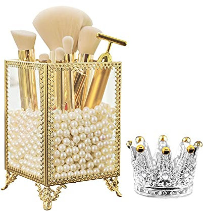 Tohoee Makeup Pinsel Organisator Glas Messing Vintage Kosmetischer Pinselhalter mit Perlen und Kronenhalter für Makeup Schwamm Halskette Ohrring Aufbewahrungskiste Vitrinen
