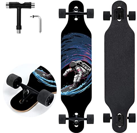 TLHB Longboard Skateboard - Tabla larga larga de 9 capas de arce natural de 9 capas para adultos, adolescentes y niños, rodamientos de alta velocidad y T-Tool-Spaceman