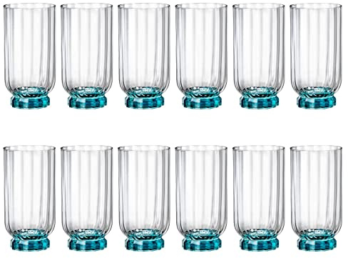 Bormioli Rocco 12x Blue 430ml Florian Highball Glasses - Tall Hi Ball Glass Water Gin Juice Cocktail Drinking Glassware Tumblers Set