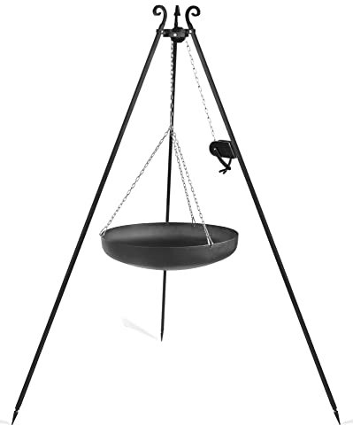 gartendekoparadies.de Grillgerät Schwenkgrill Höhe 180 cm am Dreibein mit Wok-Pfanne mit Kurbel aus Naturstahl (Wok-Pfanne Ø 70 cm)