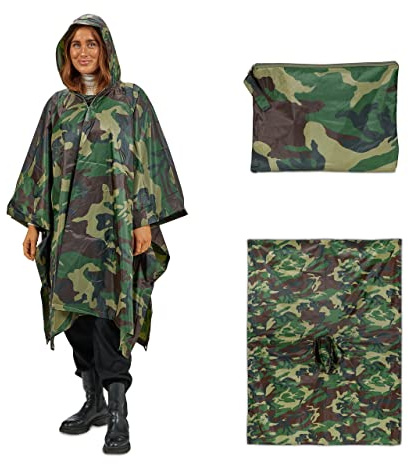 Relaxdays Regenponcho Mehrzweck 3 in 1 Tarn, Zelt Poncho, mit Kapuze, wasserdicht, Regencape Damen & Herren, grün/braun