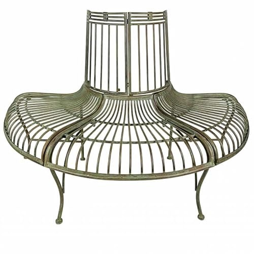L'Héritier Du Temps Banc de Jardin Semi-Circulaire Tour d'arbre Demi-Lune Banquette de Parc en Fer Patiné Vert Antique 69x86x134cm