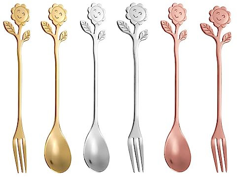 Blume Kaffeelöffel,6PCS kaffeelöffel,Blattlöffel,edelstahl teelöffel kaffeelöffel,bunter dessertlöffel aus edelstahl,Gabeln,Kuchengabeln für Kaffee Dessert Eis Cocktail usw
