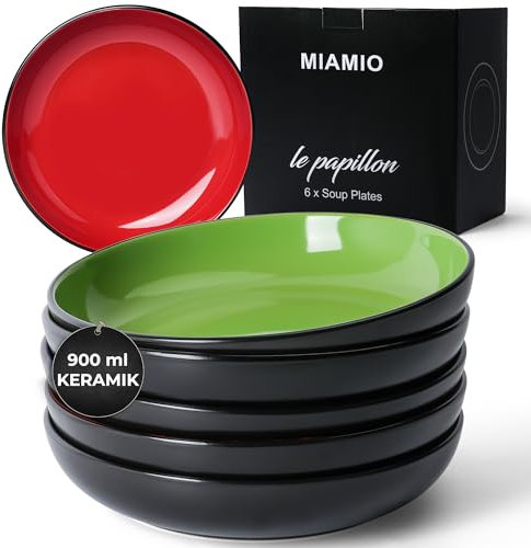 MIAMIO – Juego de 6 platos hondos de 900 ml / 22 cm para pasta/ensalada, cuencos de pasta anchos y poco profundos, plato hondo grande de cerámica - Colección Le Papillon (Multicolor)