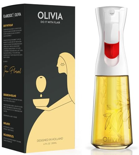 FLAIROSOL OLIVIA Vaporisateur d'Huile en Verre 200ml - Technologie de Pulvérisation Continue avec Contrôle des Portions - Polyvalent pour Cuisine, Salades, Barbecues, Vuisson, etc. (Feuilles Dorées)