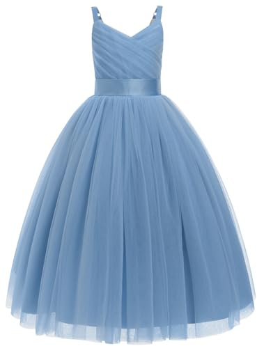 IBTOM CASTLE Flower Girls Tutu Dress Spaghetti Straps Party Dress Wedding Pageant Bridesmaid V-Nevk Dress Girl Pirncess Prom Birthday Dance First Communion Ball Gown Straps-Gray Blue 14-15 Years