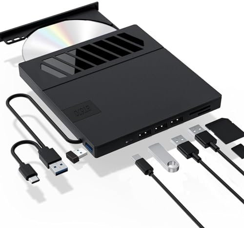aichilra Extern CD-DVD-enhet, 7-i-1 DVD-spelare, USB 3.0 Typ-C smal bärbar CD/DVD-brännare, hårddisk för stationär dator, PC, MacOS, Windows 11/10/8/7/XP/2003/Vista/Linux