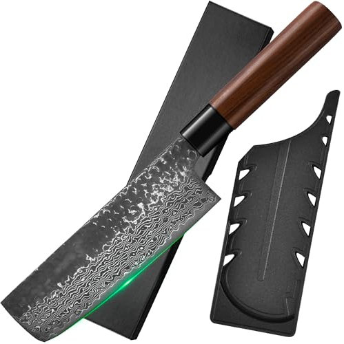 FULLHI Coltello giapponese in acciaio damasco con fodero, lama forgiata martellata manico in legno Gyutou Filetier coltello da cucina con scatola per cucina, campeggio BBQ (17,5cm)