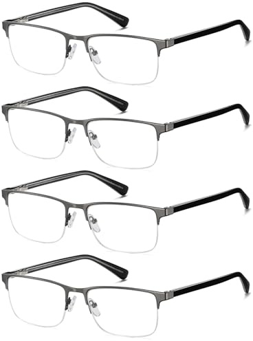 EYECEDAR 4-Pack Reading Glasses for Men Metal Gunmetal Rectangle Half-Frame Adjustable Spring Hinges Readers for Men Eyeglasses 2.5