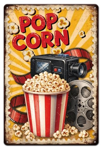 GLOBLELAND Cartel de chapa de metal palomitas de maíz para cines pintura vintage cartel de chapa de 12 x 8 pulgadas retro arte de pared placa póster para el hogar, oficina, bar, sala de juegos, cine
