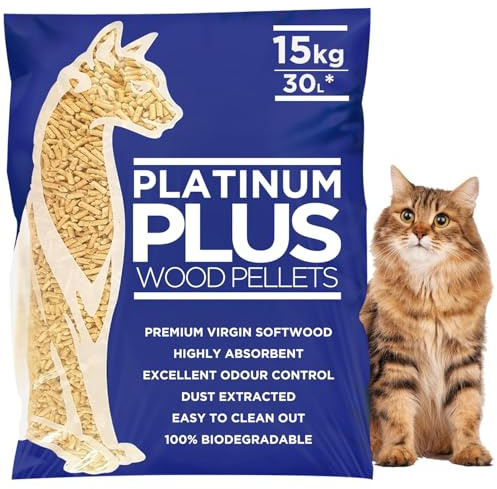 Platinum Plus Cat Litter 30L Bag | Premium Natural Wooden Pellets- Odour Control - Biodegradable Wood Pellet - Dust Free Absorbent Woods - House Training Chip Litter for Cats & Kittens - Eco Softwood