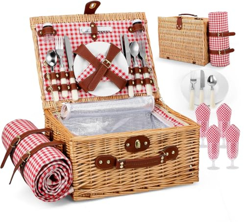 Wicker Picnic Basket Cestino da Picnic in Vimini per 4 Persone, cesto intrecciato con isolamento integrato e telo impermeabile,set completo con 4 posate, piatti, bicchieri per campeggio giardino BBQ