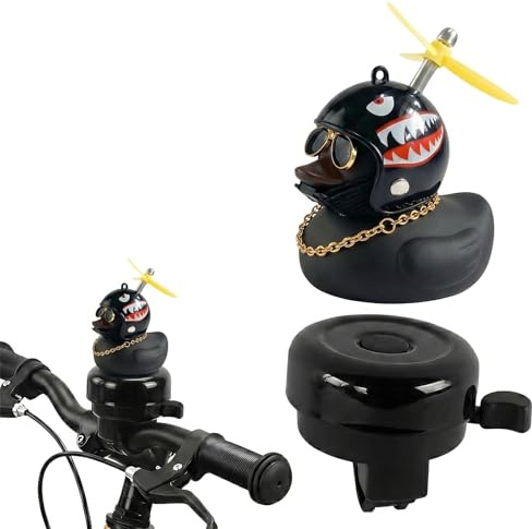 Sonnette de Vélo Canard Noir avec Casque de Requin et Hélice, Klaxon Vélo Puissant et Amusant pour Adulte et Enfant, Lot de 2 avec Sonnette Classique Noire, Accessoire pour VTT et Trottinette