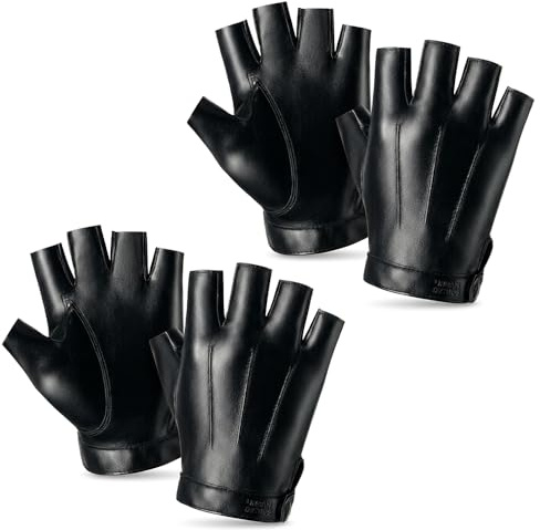 Thrynexon 2 Pairs Fingerless Faux Leather Gloves for Men Women, Black PU Leather Half Finger Gloves, Punk Rock Driving Cycling Cosplay & Fancy Dress Gloves with Adjustable Wrist Strap