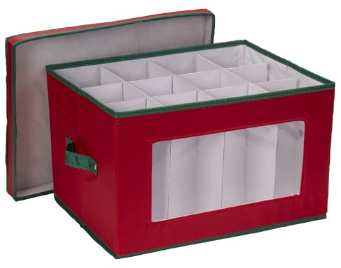 Household Essentials Holiday Stemware Storage Chest for Goblet Styled Glasses, Red with Green Trim