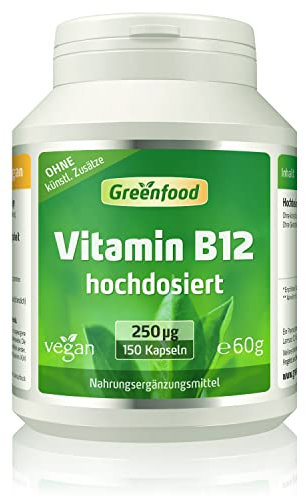 Vitamin B12, hochdosiert, 250µg - 150 Kapseln, vegan. Mit B12 (Methylcobalamin) – wichtig für Energie, Nervensystem und Blutbildung. OHNE künstliche Zusätze - laborgeprüft. Von Greenfood.