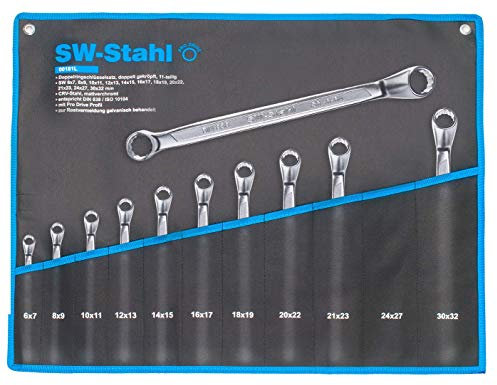 SW-Stahl 00181L - Set di chiavi ad anello doppie, 6-32 mm, 11 pezzi, a gomito profondo, chiave ad anello doppia, set di chiavi ad anello a gomito