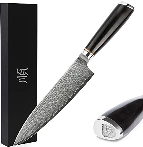 Sunlong Coltelli da cuoco 8 pollici Gyuto giapponese Damasco acciaio naturale ebano manico in legno