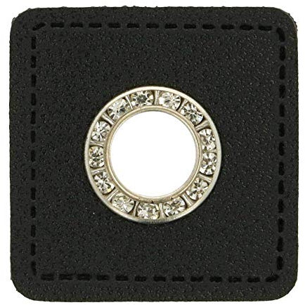 Schnuckidu Kunstleder Ösen I Ösen Patches für Kordeln I Leder Ösen Quadrat in Schwarz mit Strass I 8 mm Silber mit Strass I 1 Stück I Alternative zu Echtleder | Vegan