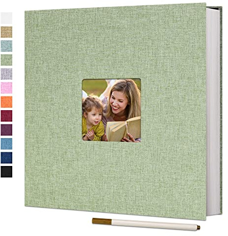 Vienrose Photo Album Self Adhesive with Window 40 Pages 33x32cm Grassgreen | Linen Cover, Scrapbook Album, 4X6 8X10 Photos, Metallic Pen, Wedding Baby Travel