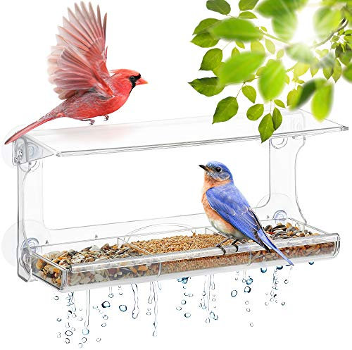 UPP vogelhaus Fenster - groß vogelfutterspender mit 4 extra starken Saugnäpfen,Dach,Ablauflöchern und 3-teiligem,abnehmbarem Tablett | Polycarbonat Kunststoff - Transparent 30 x 10 x 14 cm