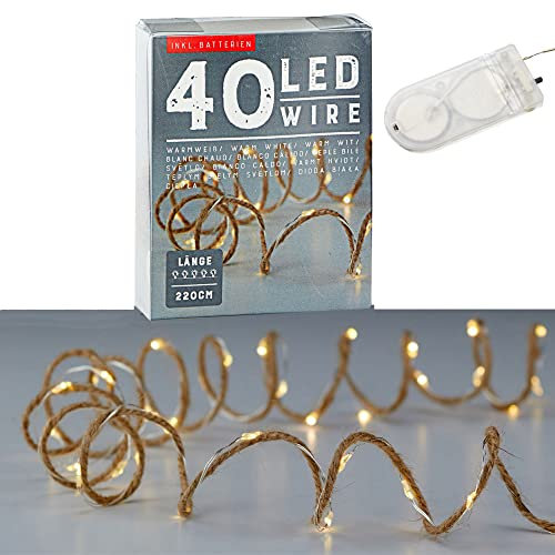 LED Lichterkette Mikro Draht auf Juteschnur | warmweiß L 240 cm mit 40 LEDs | Weihnachtsbeleuchtung Leuchtdraht | Dekolichterkette mit Batteriebetrieb (1 x 40 LED Lichterkette Juteschnur)