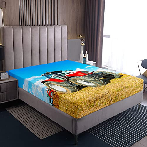 Jungen Traktor gedruckt Spannbettlaken 90x200cm Männer Bauwagen Muster Bettlaken für Kinder Rot Schwere Maschinen Fahrzeuge Spannbetttuch Farm Theme Boxspringbett Mikrofaser