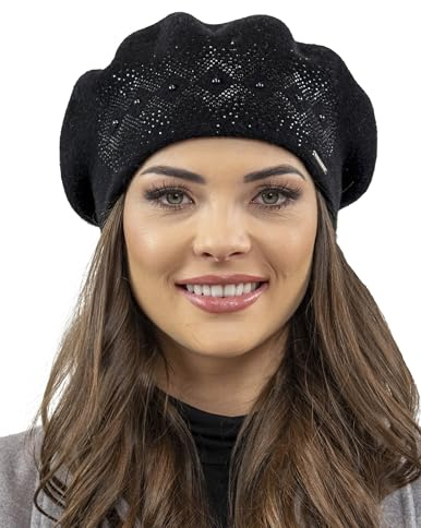VIVISENCE Damen Baskenmütze Winter Herbst Warme Barette Wolle Elegante Stil 7050, Schwarz,Einheitsgröße