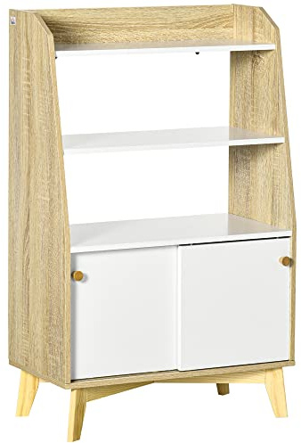 HOMCOM Mobile da Salotto Portaoggetti con Scaffale Aperto a 2 Livelli e Armadietto a 2 Ante, in Truciolato e Legno di Pino, 58x30x93 cm, Bianco e color Legno