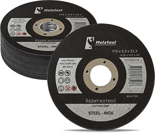 Molatool Lot de 20 disques à tronçonner standard 115 x 2,0 x 22,2 mm pour métal, acier, acier inoxydable/inox, lot de 20 disques flexibles pour meuleuse d'angle