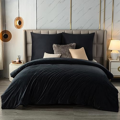 Soifox Ropa de cama de franela para invierno, Cubre cama 200 x 200 cm, color antracita, suave y cálido, funda de edredón y funda de almohada de 80 x 80 cm con cremallera