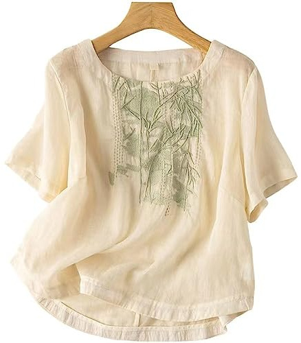 Top Femme Sexy,Femmes Col Rond Blouses Ethnique Brodé Bambou Casual Chemise Lâche Élégante Chemise Fluide À Manches Courtes Chemise Surdimensionnée Chemise En Lin Blouse Travail Chemise Tuniqu