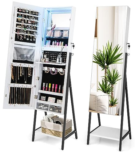 HOMASIS Schmuckschrank mit Ganzkörperspiegel & Regal, Spiegelschrank stehend mit LED-Lichtern in 3 Farben, abschließbar Schmuckorganizer für Kosmetika & Schmucke (Weiß)
