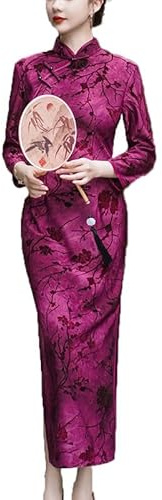 keephen Long Sleeve Velvet Cheongsam Winter Chinese Traditional Daily Tang Suit Qipao Evening Dress for Women