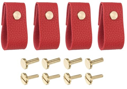 QUARKZMAN Lot de 4 Poignées de Tiroir en Cuir - Remplacement des Boutons Traditionnels pour Tiroirs, Placards de Cuisine, Armoires - Rouge
