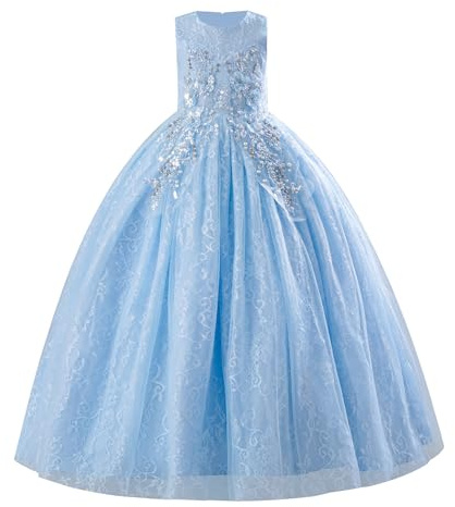 IDOPIP Vestido de encaje con lentejuelas para niña, para boda, concurso, fiesta, formal, vestido largo de princesa para primera comunión, vestidos de tul