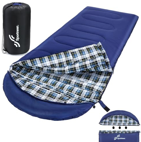 Sportneer Saco de Dormir de Franela de Invierno para Adultos, 220×85 cm, 2 kg, con Capucha Desmontable y Funda de Almohada, Ligero y Cálido para Camping, Senderismo, Mochileros y Viajes