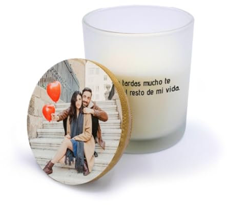 Velas personalizadas con tapa de madera. Velas aromáticas para decoración. Velas para San Valentín personalizadas con nombre. Regalos originales para eventos. (1 Foto)