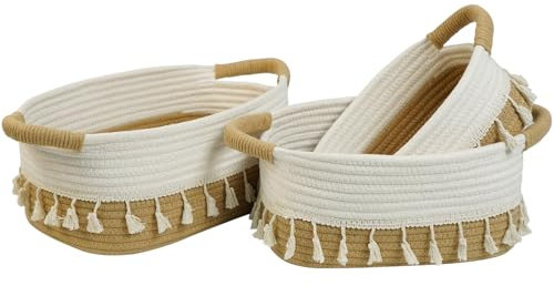 danpinera Rope Storage Baskets for Organizing, Small Cotton Woven Basket for Bathroom Shelf Nursery, Decorative Basket Organizer Bins Set of 3 white&Jute