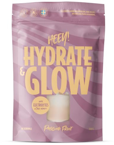 Heey! Hydrate & Glow Elektrolytpulver, Passionsfrukt, 240g | 100% Vegansk Kollagen, Hyaluronsyra, Återfuktande & Hudvårdande