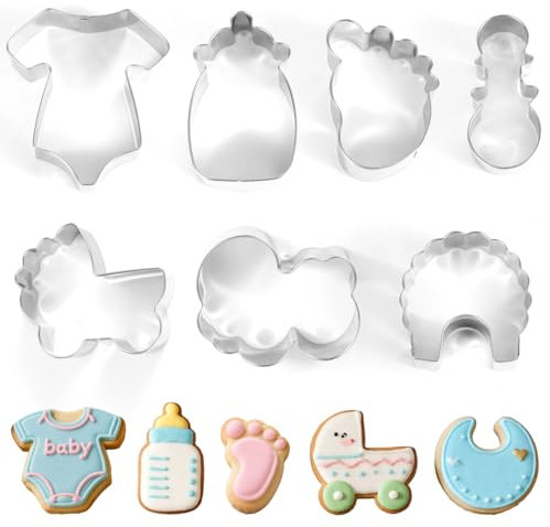 7pcs Baby Shower Cookie Cutter Set, Onesie, Bib, Rattle, Bottle, Carriage, Foot and Letter Cookie Sandwich Pastry Cutters Fondant Biscuit Tools for Baking Baby Shower Birthday Party Decorations