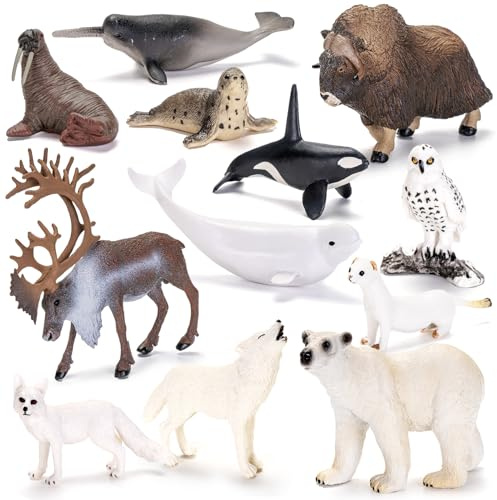 THINKBAY 12PCS 4-7 Large Arctic Polar Animal Toys Figurines, Realistic Plastic Artic Animal Figures, Includes Polar Bear,Whales,Orca, Birthday Gift Party Favors Cake Toppers for Kids
