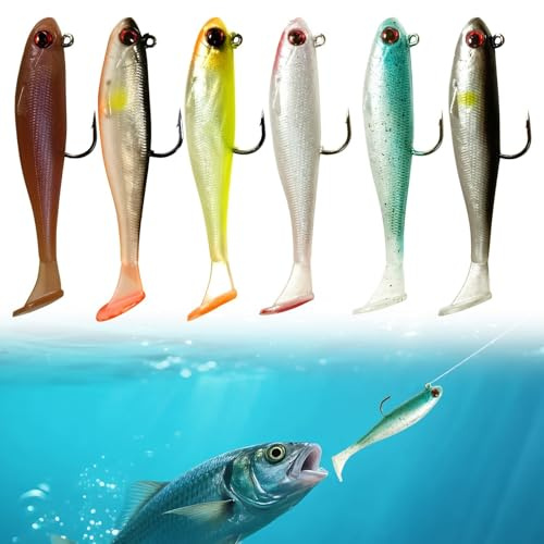 6PCS Fishing Lures, Easy Catch Pre-Rigged Swimbaits, 3.5 Lifelike Soft Plastic Lures Jig Head Artificial Bait Fishing Accessories for Pike Bass Trout Perch Saltwater Freshwater Gifts for Couple Dad
