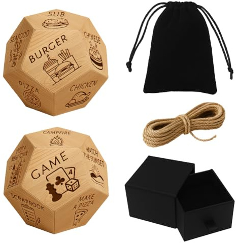 UNICRAFTALE 2 Set dadi decisionali 12 facce alimentari e attività in legno regali matrimonio sacchetto velluto scatola di cartone per compleanno San Valentino