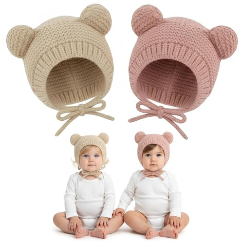 Pack de 2 gorros de invierno para bebé, niño y niña, con lindas orejas de oso, gorro de invierno para bebé, gorro para niño, cálido para otoño e invierno, 3-24 meses, beige, rosa