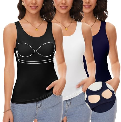 ANYFITTING Tank Top med inbyggd BH-kupa för kvinnor ledig bred rem ärmlöst lager linne yoga toppar sommar kamouflage S-3XL