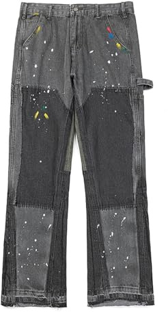 Genérico Jeans Hombre Estilo Carpenter con Patchwork Corte Recto Efecto Paint Splatter Pantalón Vaquero Streetwear-color2||XX_l