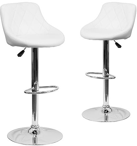 Flash Furniture Caldwell Barhocker aus Vinyl, höhenverstellbar, mit Rautenmuster, Rückseite und Chromsockel, Weiß, 2 Stück