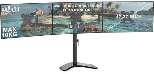 WALI Triple Monitor Stand, Free Standing Three LCD Monitor Fully Adjustable Desk Mount Fits 3 Screens up to 27 inch, 22 lbs Weight Capacity per Arm (MF003), Black