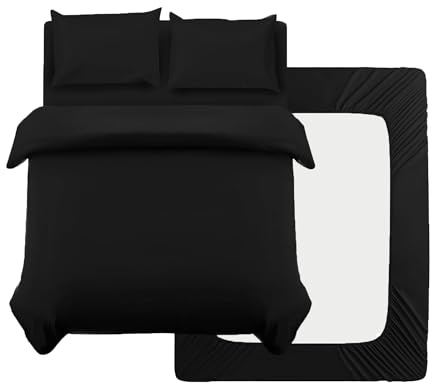 AYSW 4 Pièces Sets de Housse de Couette 200x200cm Double Fermeture Éclair Noir Drap Housse 140x190/200cm + 2 Taies d'oreiller 65x65cm Parure de Lit Adulte 2 Personnes en Microfibre Brossé